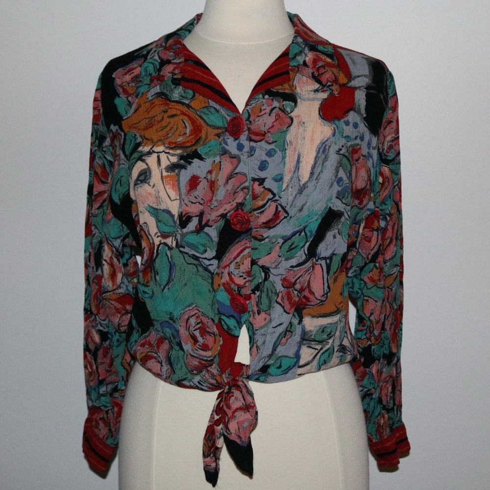 Vintage Carole Little Moulin Rouge blouse with tie front and rose buttons